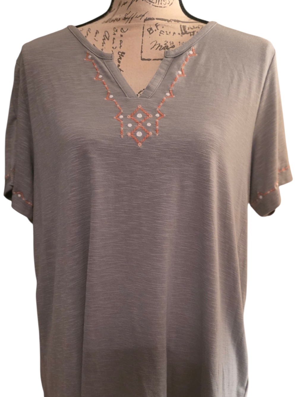 Women's Gray Embroidered V-Neck Top - Casual Comfort